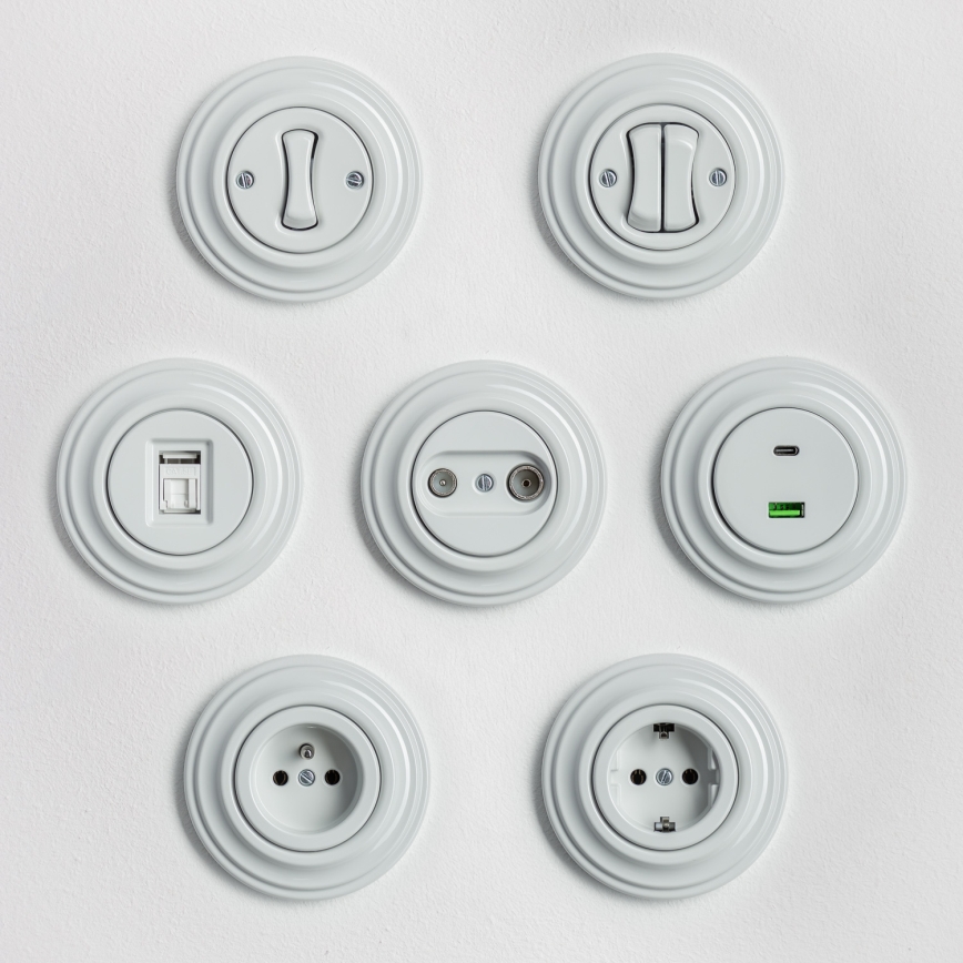 Kliklap - Retro zidna utičnica s okvirom, 230 V, bijela keramika