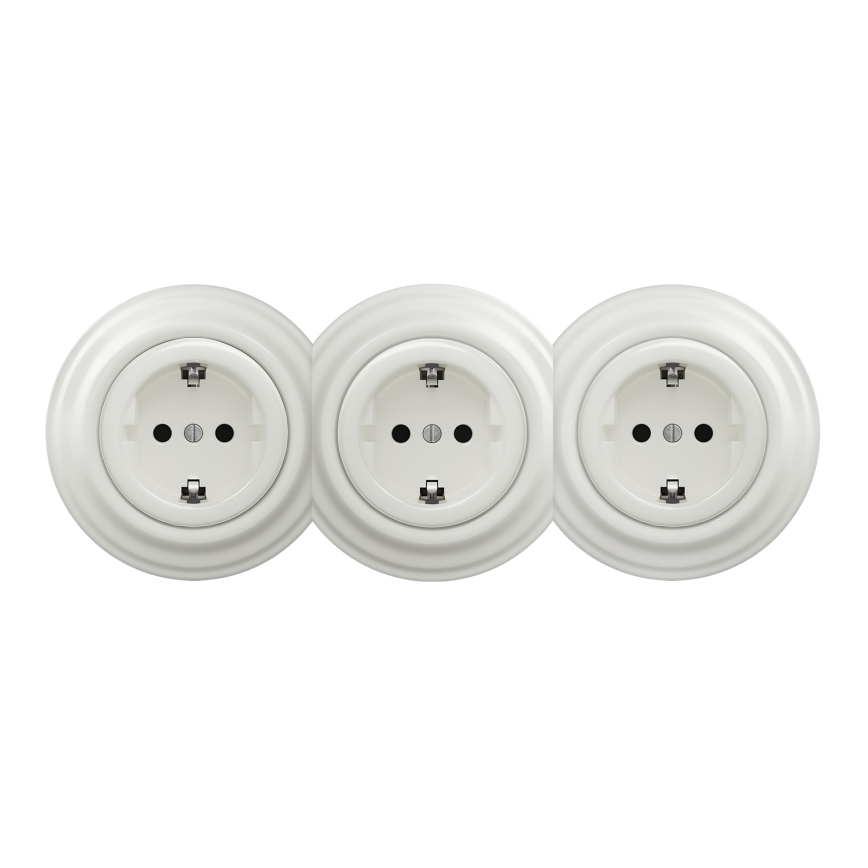 Kliklap - Trojna retro kućna utičnica s okvirom SCHUKO 230V, bijela