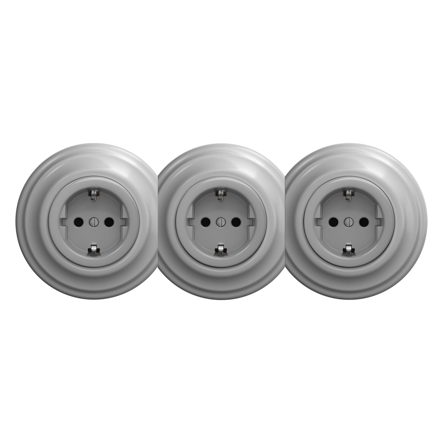 Kliklap - trostruka retro kućna utičnica s okvirom SCHUKO 230 V, siva