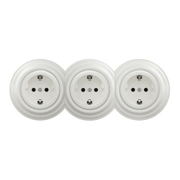 Kliklap - Trostruka retro kućna utičnica s okvirom SCHUKO 230V, keramička, bijela