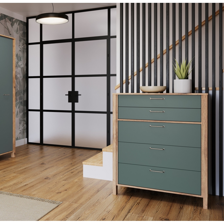 Komoda MENTA 90x108x47 cm hrast Wotan/zelena