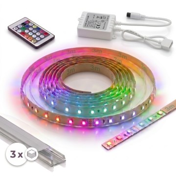 Komplet 1x LED RGBW traka s mogućnošću prigušivanja DIGITAL LED/9,6W/230V 3 m + 3x ugradbeni profil 1 m srebrna/bijela + daljinski upravljač
