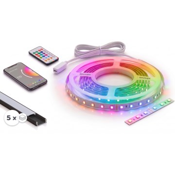 KOMPLET 1x LED RGBW traka s mogućnošću prigušivanja NEO LITE MUSIC LED/24W/230V 5 m IP65 Wi-Fi Tuya + 5x ugradbeni profil 1 m crna/bijela + daljinski upravljač
