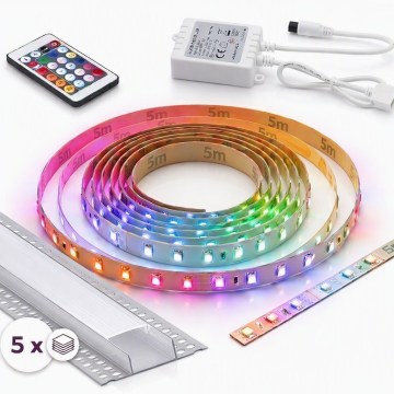 Komplet 1x LED RGBW traka s prigušivanjem DIGITAL LED/16,5W/230V 5 m + 5x ugradni profil 1 m srebrna/bijela + daljinski upravljač