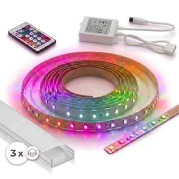 KOMPLET 1x LED RGBW traka s prigušivanjem DIGITAL LED/9,6W/230V 3 m + 3x ugradbeni profil 1 m srebrna/bijela + daljinski upravljač
