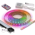 KOMPLET 1x prigušiva RGBW LED traka DIGITAL LED/16,5W/230V 5 m + 5x ugradni profil 1 m crna/bijela + daljinski upravljač