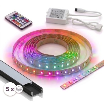 KOMPLET 1x prigušiva RGBW LED traka DIGITAL LED/16,5W/230V 5 m + 5x ugradni profil 1 m crna/bijela + daljinski upravljač