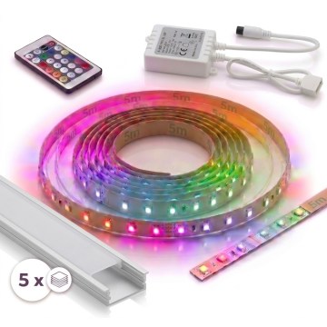 Komplet 1x RGBW LED traka s podesivom svjetlinom DIGITAL LED/16,5W/230V 5 m + 5x ugradni profil 1 m srebrna/bijela + daljinski upravljač