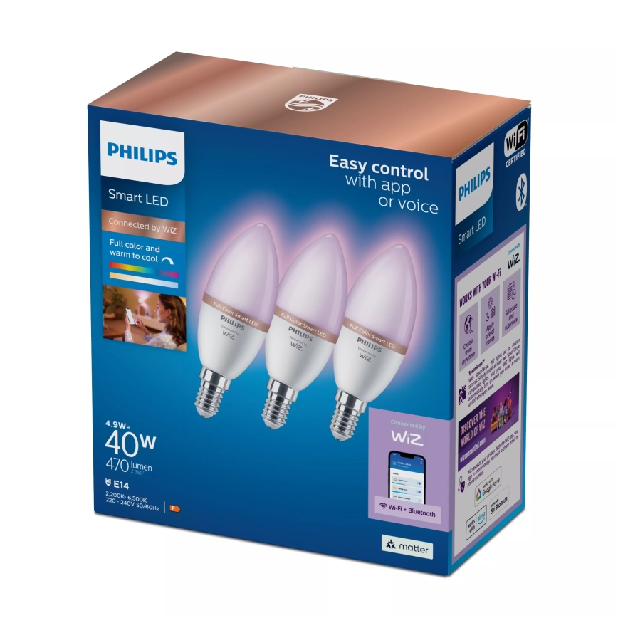 Komplet 3x LED RGB žarulja s mogućnošću prigušivanja Philips SMART C37 E14/4,9W/230V 2200-6500K CRI 90