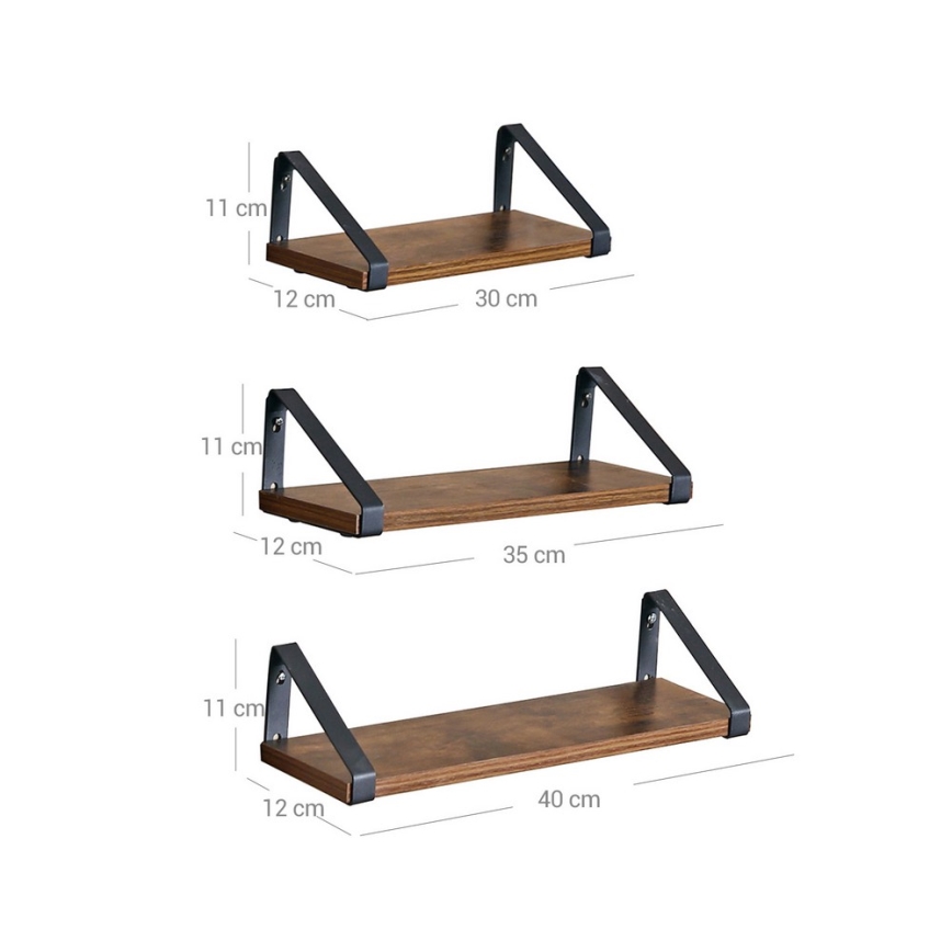 Komplet 3x zidnih polica SHELFY, smeđa/crna