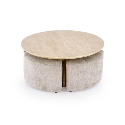 Komplet konferencijski stolić NUGAT ø 80 cm + 4x tabure travertin/siva