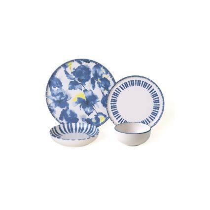 Komplet posuđa 24 kom. bijela/plava/kamenina