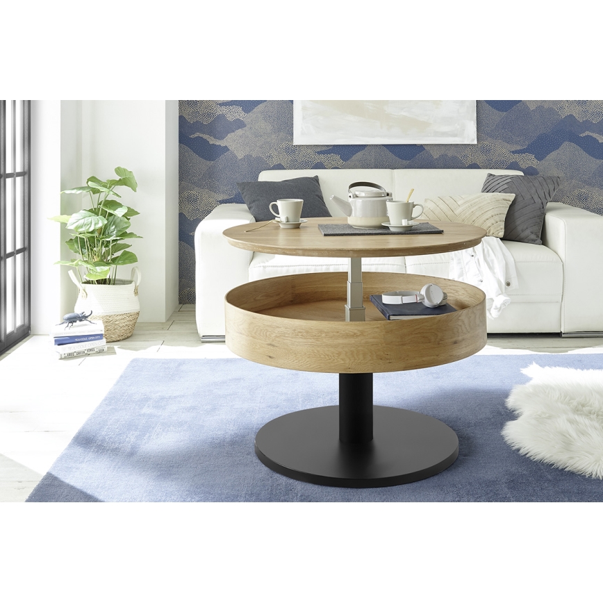 Konferencijski stolić ELEMENT s podiznim vrhom, promjer 75 cm, hrast/crna