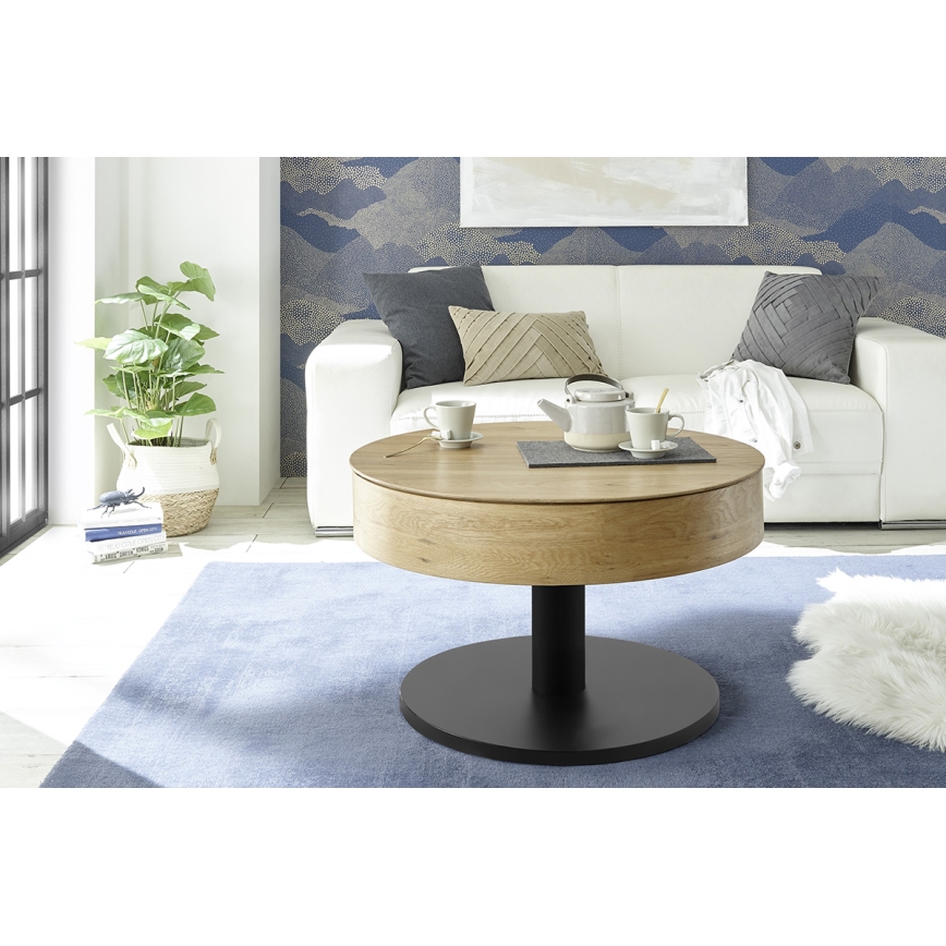 Konferencijski stolić ELEMENT s podiznim vrhom, promjer 75 cm, hrast/crna