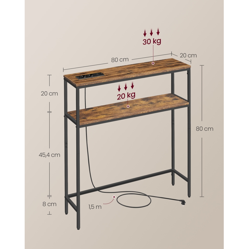 Konzolni stolić s ugrađenim ladicama i USB priključcima LUVOR 80x20 cm smeđa/crna