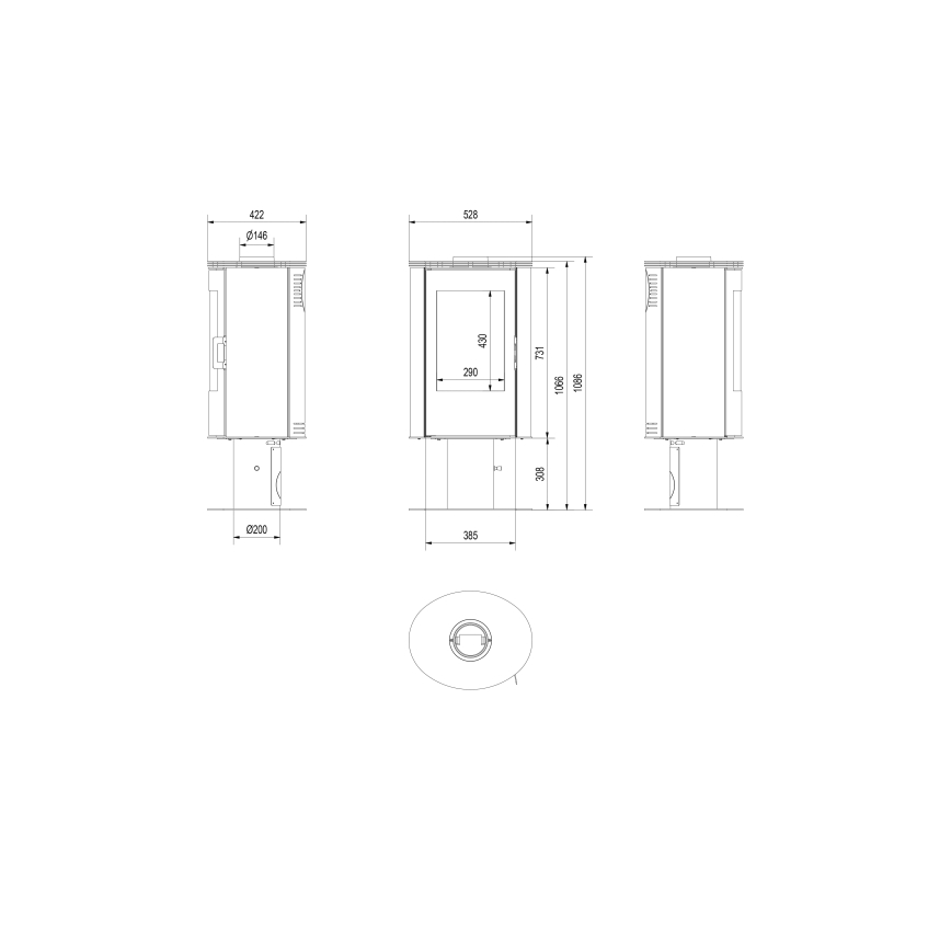 Kratki - Čelični kamin 8kW 150mm