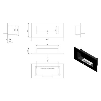 Kratki - Ugrađeni BIO kamin 40x90 cm 2kW crna