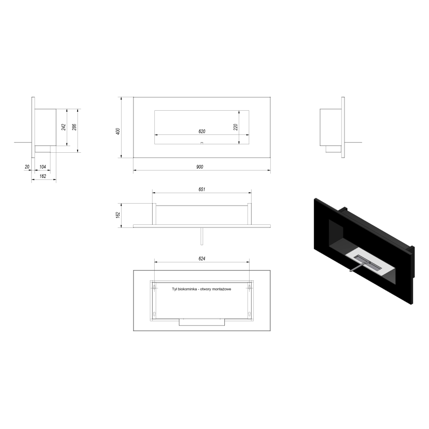 Kratki - Ugrađeni BIO kamin 40x90 cm 2kW crna