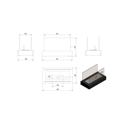 Kratki - BIO kamin 21,8x35,4 cm 1kW crna