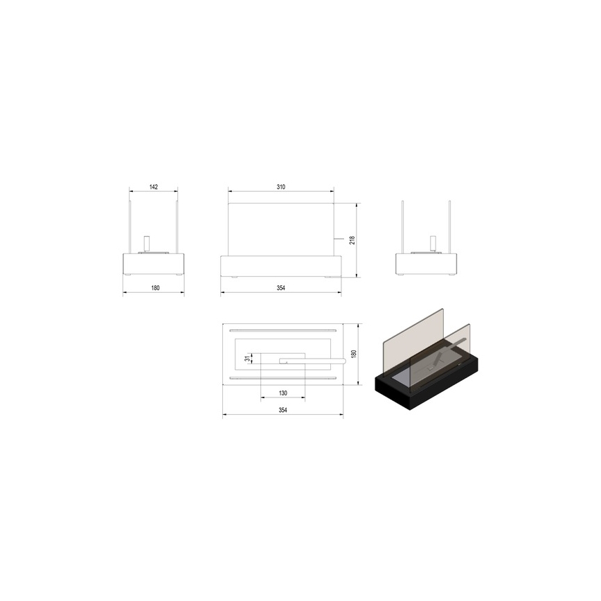 Kratki - BIO kamin 21,8x35,4 cm 1kW crna