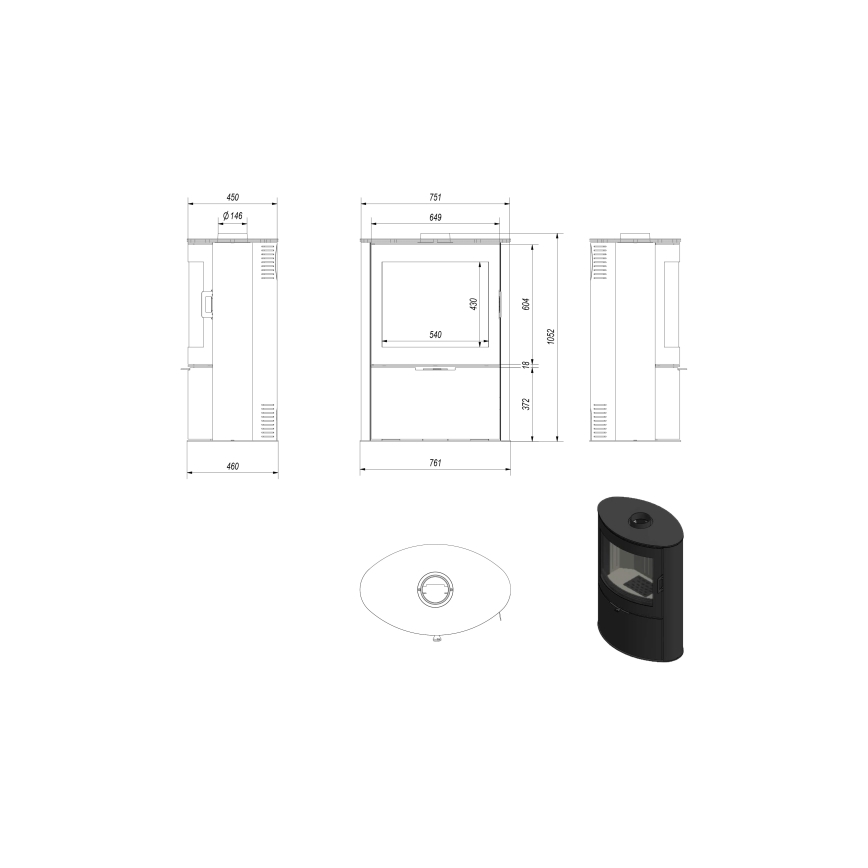 Kratki - Čelični kamin na drva 10kW 150mm