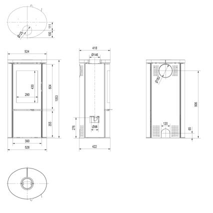 Kratki - Čelični kamin na drva 8kW 150mm