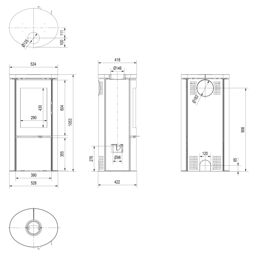 Kratki - Čelični kamin na drva 8kW 150mm