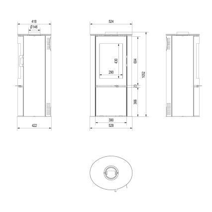 Kratki - Čelični kamin na drva 8kW 150mm