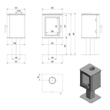 Kratki - Čelični kamin na drva 7kW 150mm