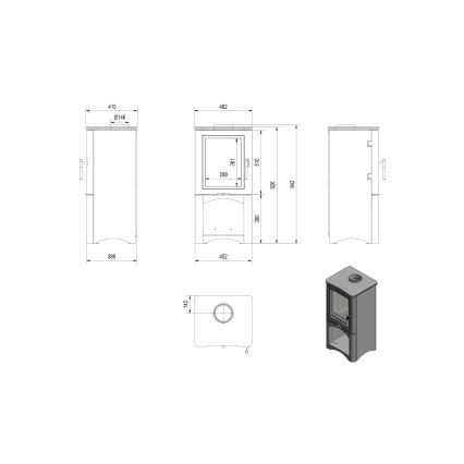 Kratki - Čelični kamin na drva 7kW 150mm