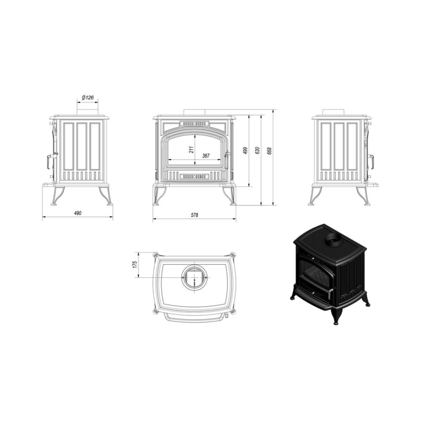 Kratki - Kamin od lijevanog željeza 8kW 150mm