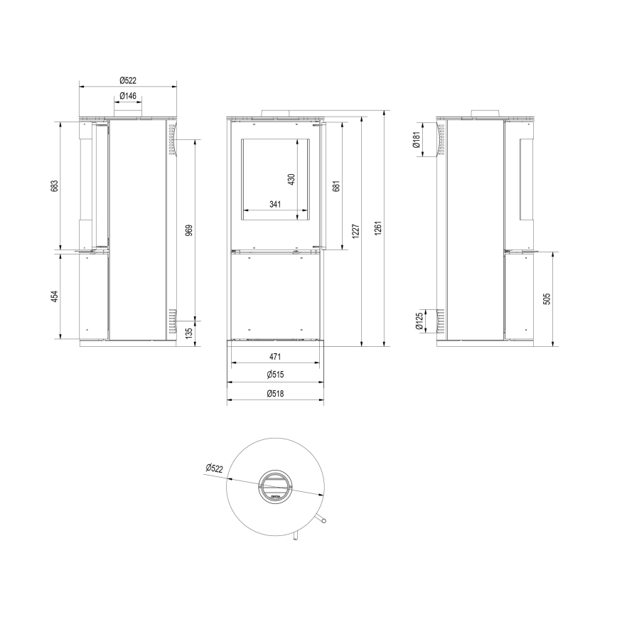 Kratki - Čelični kamin na drva 9kW 150mm