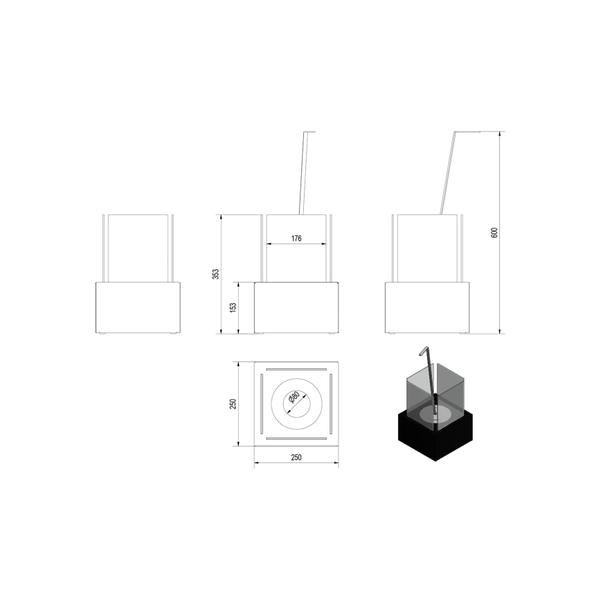 Kratki - BIO kamin 35,3x25 cm 1kW crna