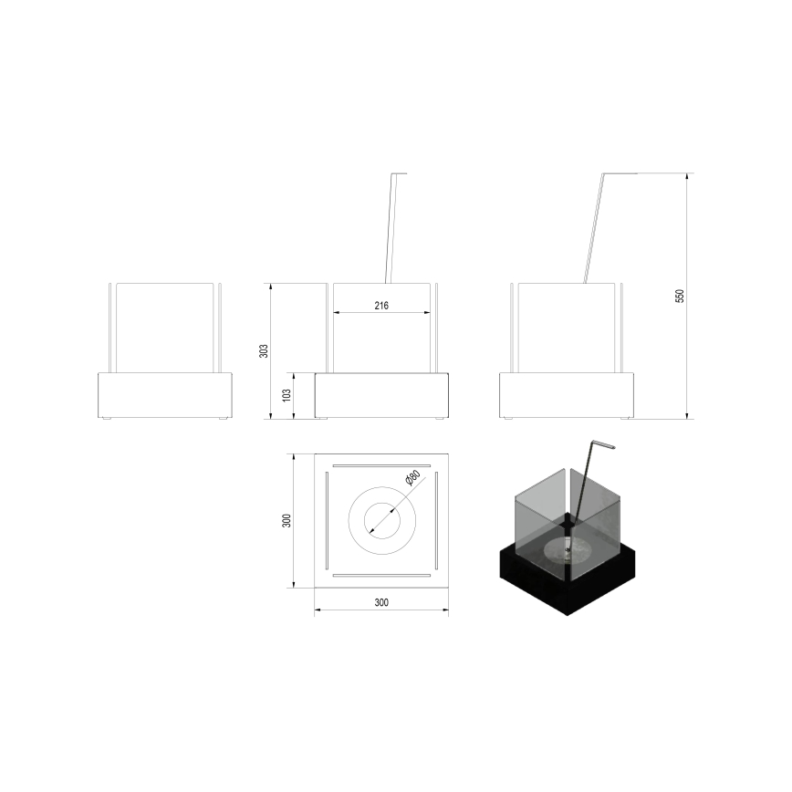 Kratki - BIO kamin 30,3x30 cm 1kW bijela