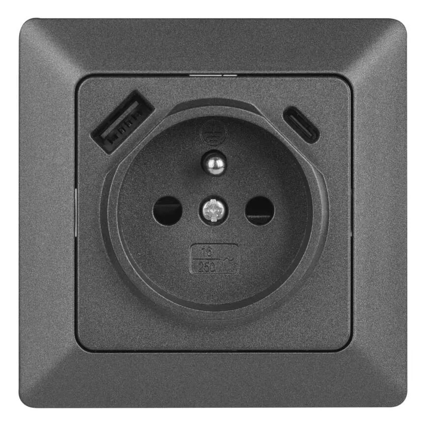 Kućna utičnica FRENCH s USB-A i USB-C, 250V/16A, antracitna