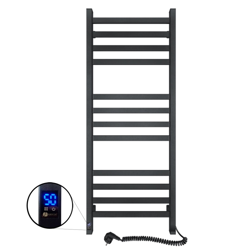 Kupaonski ljestvasti radijator AVANGARD s termostatom, 227 W, 120 x 48 cm, crni, desni