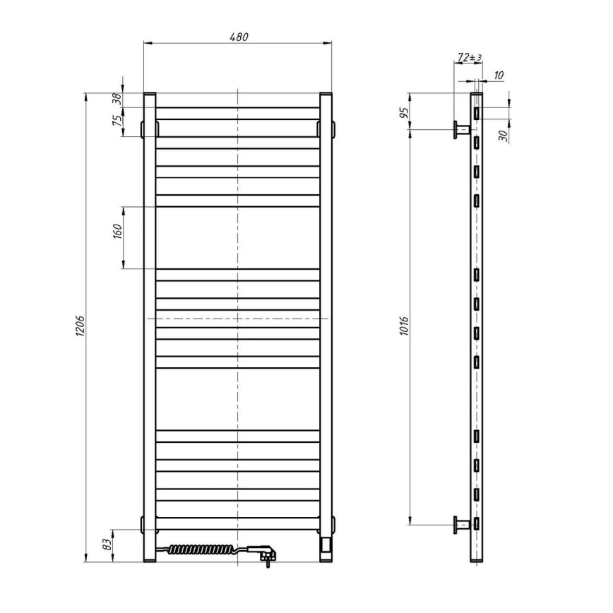 Kupaonski ljestvasti radijator AVANGARD s termostatom, 227 W, 120 x 48 cm, crni, desni