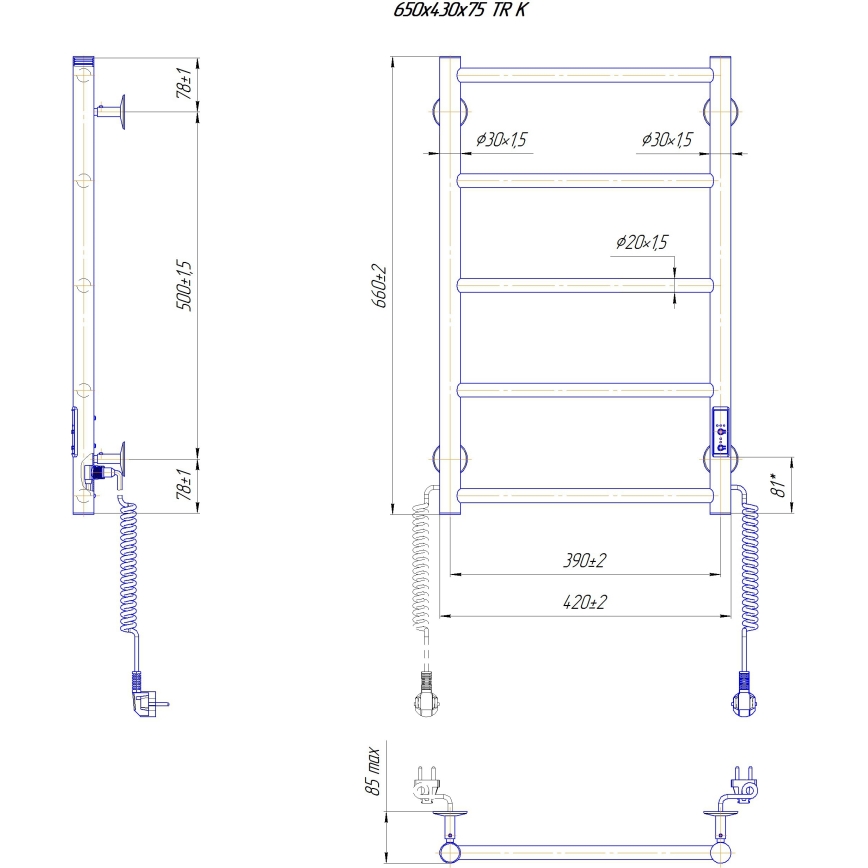 Kupaonski ljestvasti radijator CLASSIC 65W/230V 66x42 cm inox/crna desni