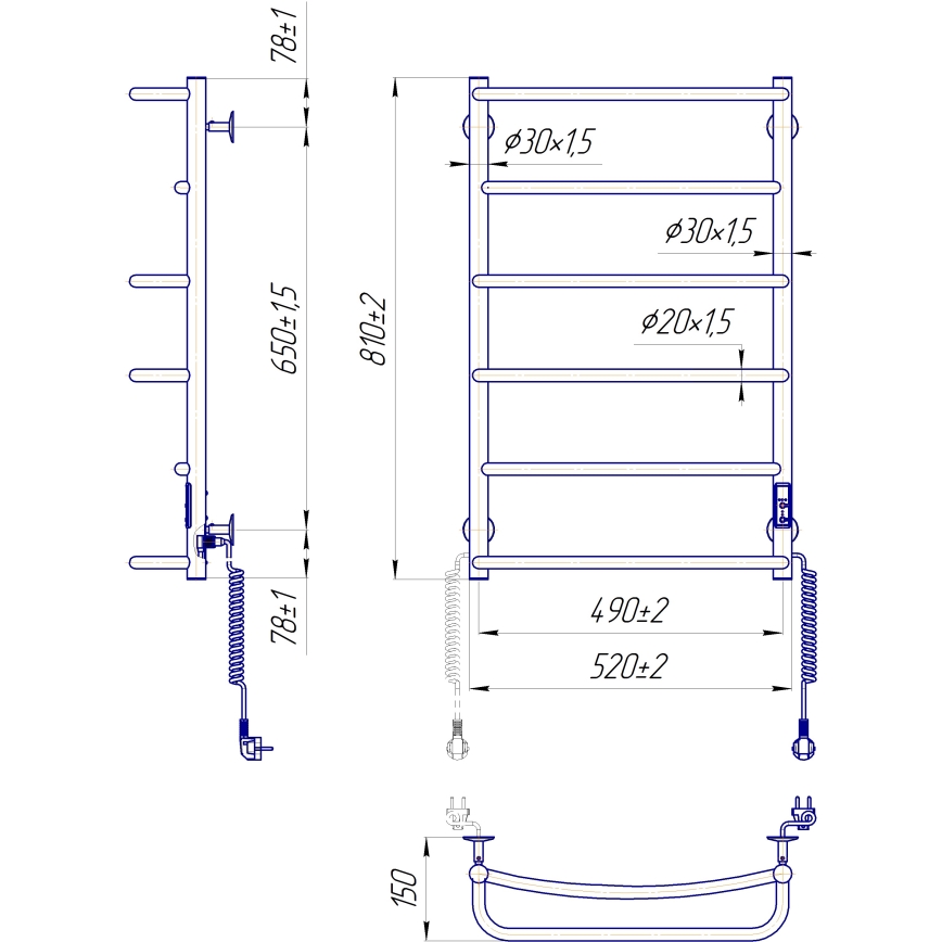 Kupaonski ljestvasti radijator LUX 105W/230V 80x53 cm inox/crna desni