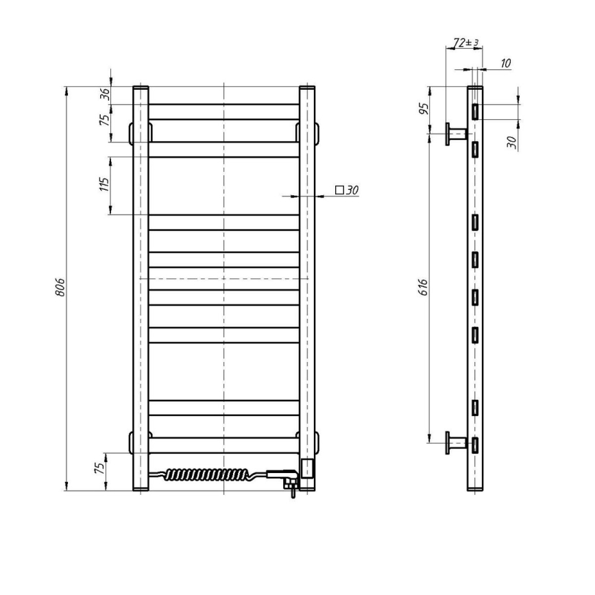Kupaonski ljestvičasti radijator s termostatom AVANGARD 251W/230V 80,6 cm IP44 crni, s lijevim priključkom, kvadratni profil