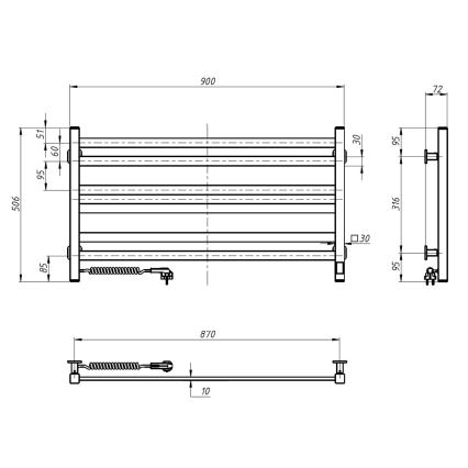 Ljestvičasti radijator za kupaonicu s termostatom AVANGARD, 316 W/230 V, 50,6 cm, IP44, crni, lijevi, pravokutni