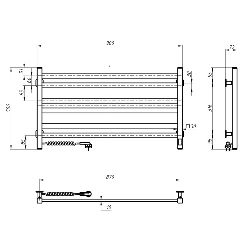 Ljestvičasti radijator za kupaonicu s termostatom AVANGARD, 316 W/230 V, 50,6 cm, IP44, crni, lijevi, pravokutni