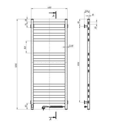 Kupaonski ljestvasti radijator s termostatom AVANGARD, 459 W / 230 V, 120,6 cm, IP44, bijeli, desni, kvadratni