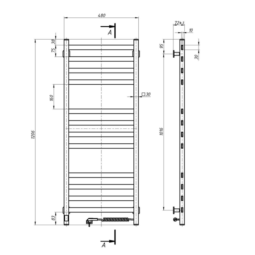 Kupaonski ljestvasti radijator s termostatom AVANGARD, 459 W / 230 V, 120,6 cm, IP44, bijeli, desni, kvadratni