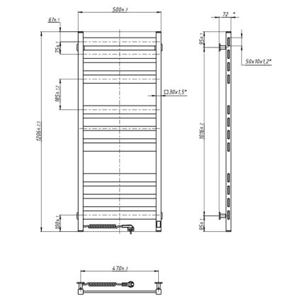 Kupaonski ljestvičasti radijator s termostatom LARGO 541W/230V 120,6 cm IP44, crni, lijevi, uglast