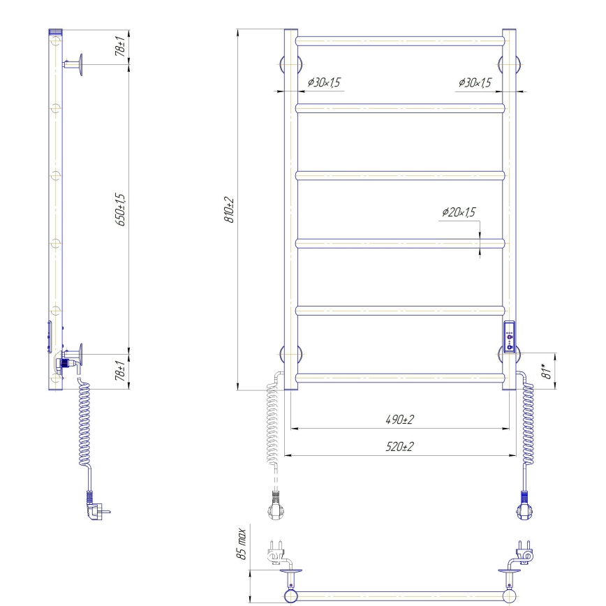 Kupaonski ljestvičasti radijator CLASSIC 110W/230V 81x52 cm inox/antracit desni