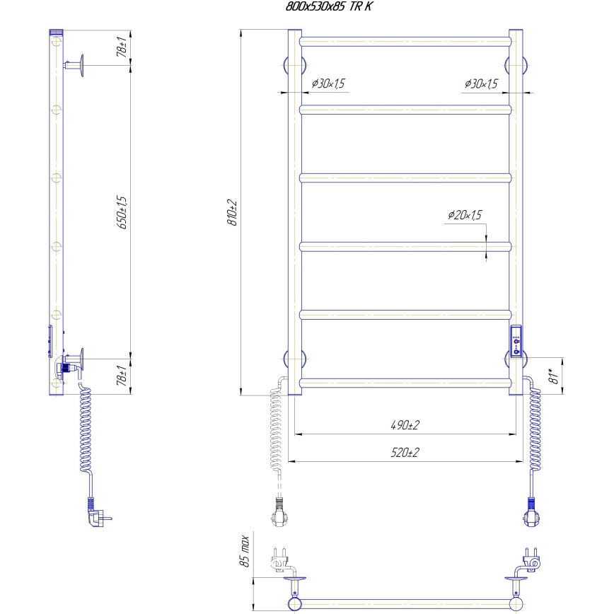 Kupaonski ljestvičasti radijator CLASSIC 110W/230V 81x52 cm, nehrđajući čelik/bijela, desni