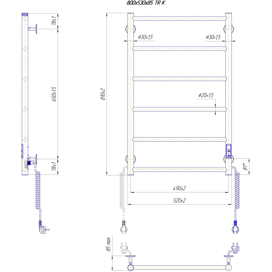 Kupaonski ljestvičasti radijator CLASSIC 110W/230V 81x52 cm nehrđajući/crni desni