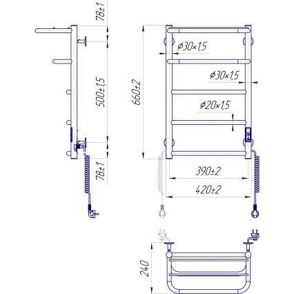 Kupaonski ljestvičasti radijator HOTEL 75W/230V 66x42 cm, nehrđajući čelik/bijela, desni