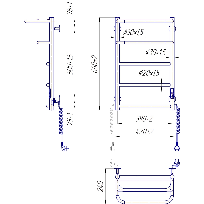 Kupaonski ljestvičasti radijator HOTEL 75W/230V 66x42 cm, nehrđajući čelik/bijela, desni